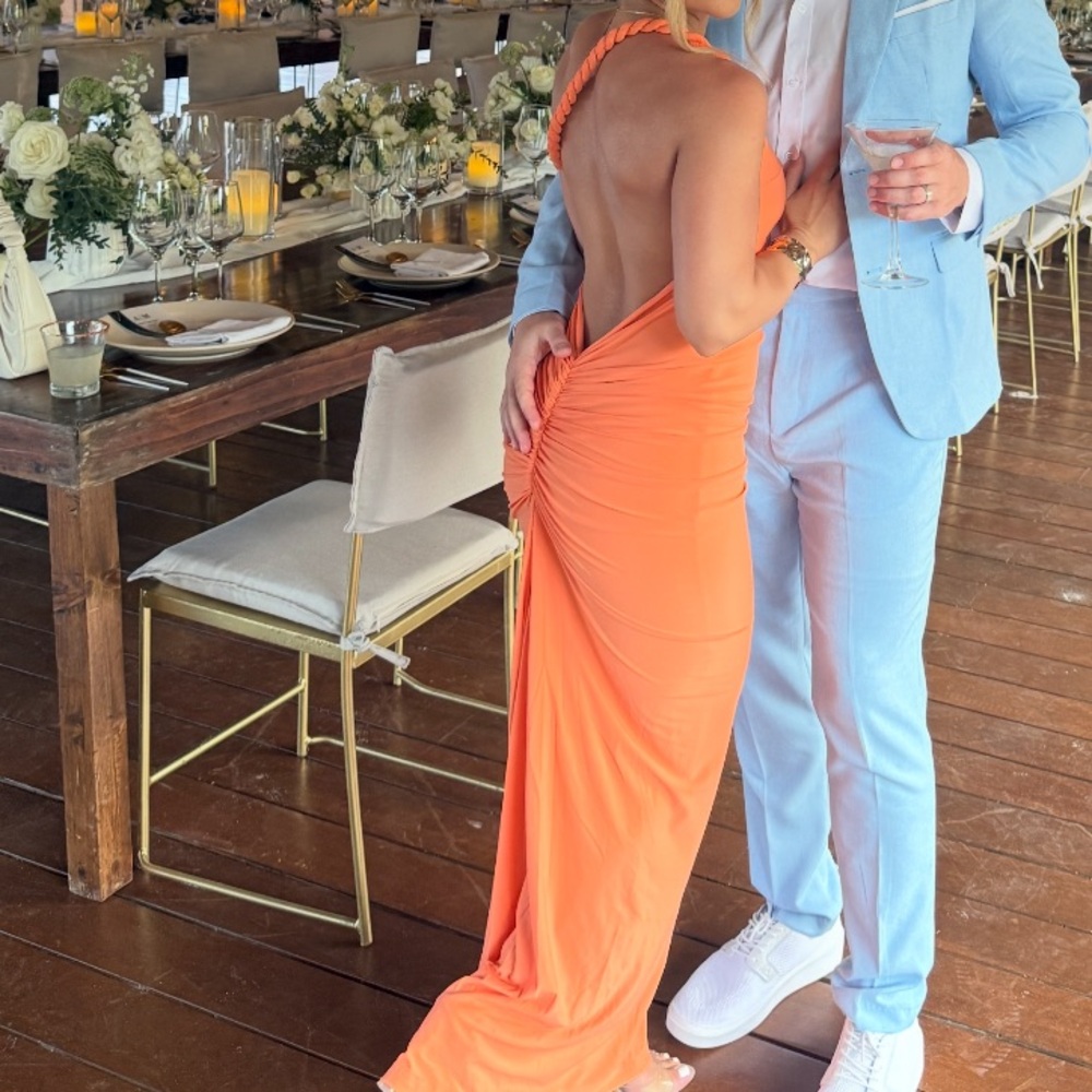 Off-Shoulder Peach Bodycon Maxi Dress - Picture 6 of 7